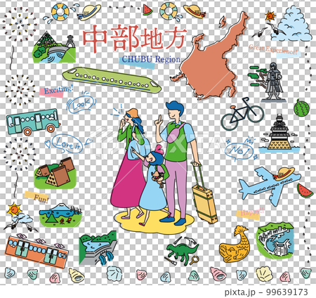 日本の中部地方の夏の名物観光を楽しむ三人家族、アイコンのセット（線画） 99639173