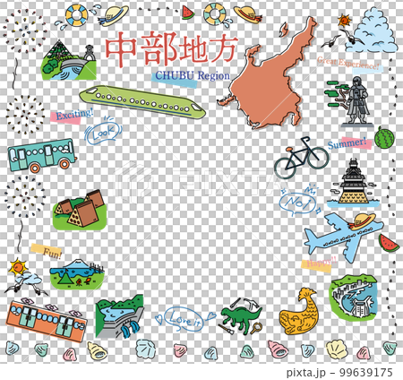 A set of icons of summer specialties sightseeing in the Chubu region of Japan (line drawing) 99639175