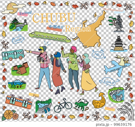 在日本中部地區享受秋季特色觀光的遊客,一組圖標(畫線) 在日本中部地區享受秋季特色觀光的遊客,一組圖標(畫線) 99639176