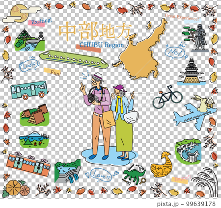 日本の中部地方の秋の名物観光を楽しむシニア夫婦、アイコンのセット(線画) 日本の中部地方の秋の名物観光を楽しむシニア夫婦、アイコンのセット(線画) 99639178