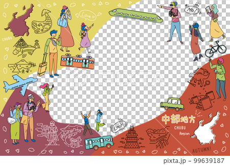 Tourists who enjoy autumn specialties sightseeing in the Chubu region of Japan, set of icons (line drawing) 99639187