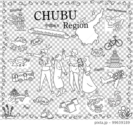 在日本中部地區享受春季特別觀光的遊客，一組圖標（黑白線描） 99639189
