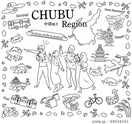 日本の中部地方の秋の名物観光を楽しむ観光客、アイコンのセット（線画白黒） 99639201