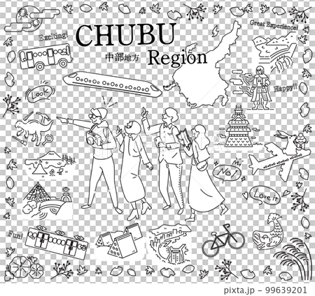 日本の中部地方の秋の名物観光を楽しむ観光客、アイコンのセット（線画白黒） 99639201