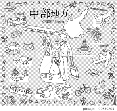 A family of three who enjoys the autumn specialty sightseeing in the Chubu region of Japan, a set of icons (line drawing black and white) 99639203