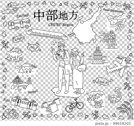 日本の中部地方の秋の名物観光を楽しむシニア夫婦、アイコンのセット（線画白黒） 99639205