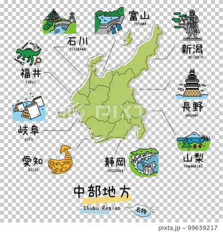 Famous sightseeing in the Chubu region of Japan, map, set of icons (line drawing) 99639217