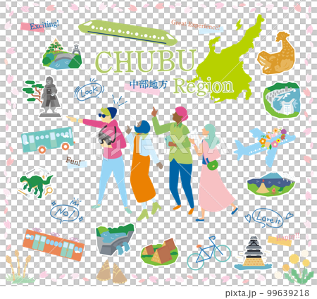 在日本中部地區享受春季特別觀光的遊客，一組圖標（平面） 99639218