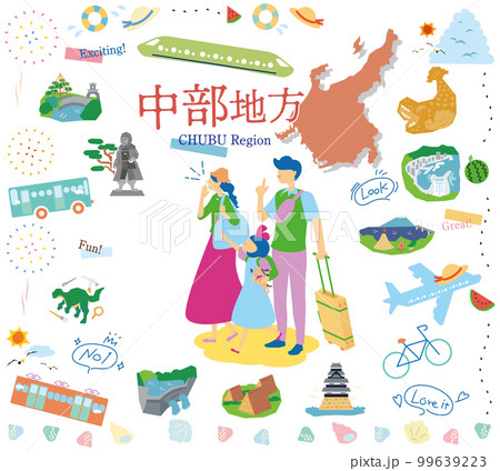 日本の中部地方の夏の名物観光を楽しむ三人家族、アイコンのセット（フラット） 99639223