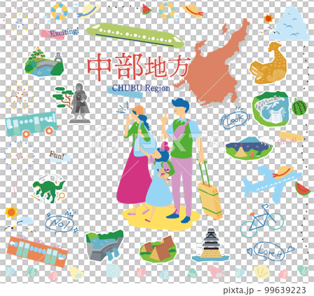 A family of three who enjoys summer specialties sightseeing in the Chubu region of Japan, a set of icons (flat) 99639223