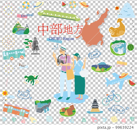 A senior couple who enjoys sightseeing in summer in the Chubu region of Japan, a set of icons (flat) 99639224