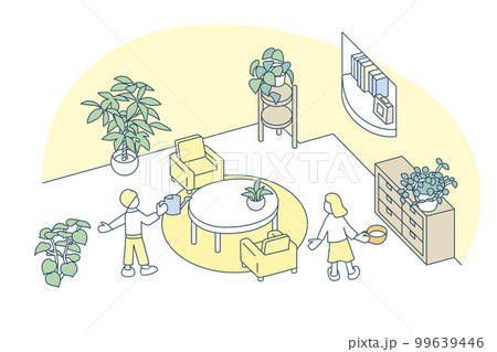 家のリビング。植物の中でゆったりくつろぐ 99639446