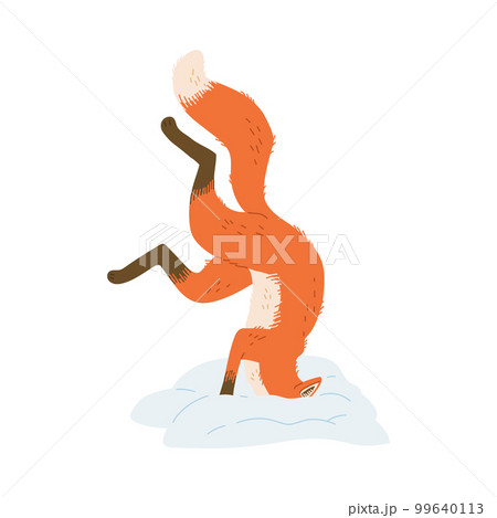 Playful adorable fox jumping into snowdrift flat vector illustration isolated. 99640113