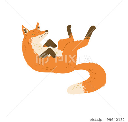Adorable ginger fox character laying on her back, vector illustration isolated. 99640122