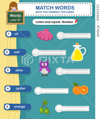 Match words with the correct pictures letter O illustration, vector 99640201