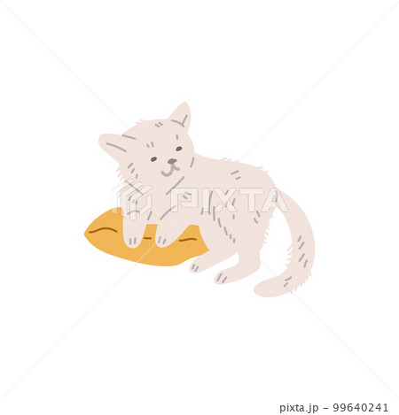 Cute smiling pet lying on yellow pillow flat style, vector illustration 99640241