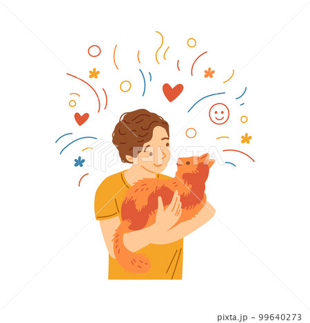 Happy child boy cuddling with cute cat, cartoon flat vector illustration isolated on white background. 99640273