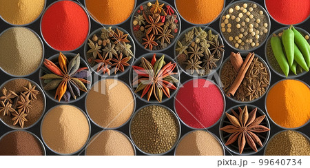 Spice. Colored spice background, top view. Collection seasoning in cups. Colorful herbs and spices for cooking. Indian spices. On black background. Top view. Generative AI 99640734