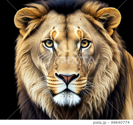 Portrait of lion on black background. Menacing stare African lion. Portrait African lion on black background. Wild cats background. Generative AI 99640774