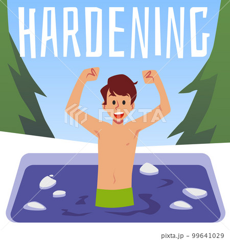 Hardening therapy poster, child boy swimming in cold water, flat vector illustration. Hardening therapy poster, child boy swimming in cold water, flat vector illustration. 99641029