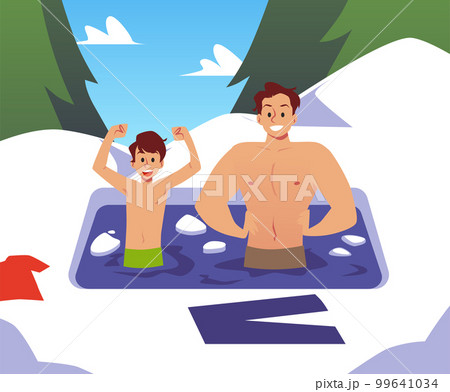 Father and son swimming in ice-hole in winter, flat vector illustration. 99641034