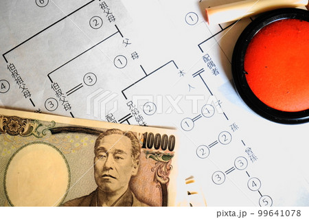 等親図の上に置かれた一万円札と印鑑、相続イメージ 99641078
