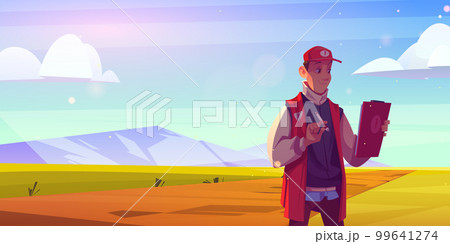 Man checking plot land for sale. Sell field scene 99641274