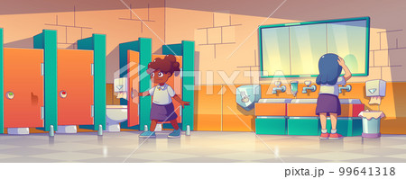Happy schoolgirls using school toilet 99641318