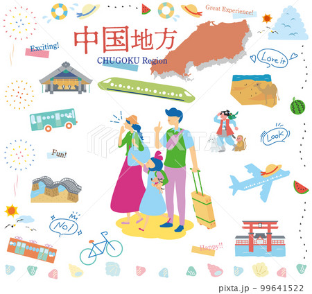 日本の中国地方の夏の名物観光を楽しむ三人家族、アイコンのセット（フラット） 99641522