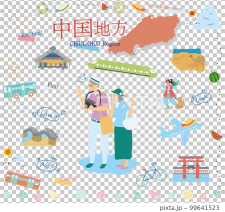 A senior couple who enjoys summer specialties sightseeing in the Chugoku region of Japan, a set of icons (flat) 99641523
