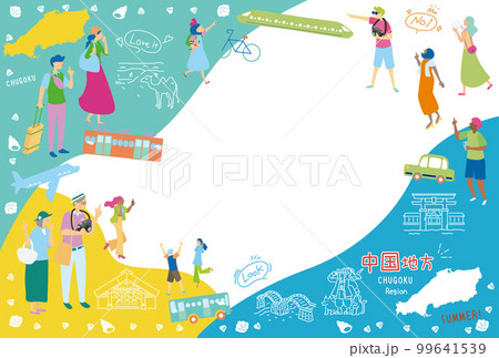 日本の中国地方の夏の名物観光を楽しむ観光客、アイコンのセット(フラット) 日本の中国地方の夏の名物観光を楽しむ観光客、アイコンのセット(フラット) 99641539