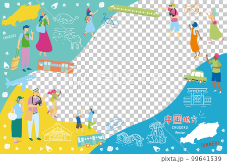 日本の中国地方の夏の名物観光を楽しむ観光客、アイコンのセット(フラット) 日本の中国地方の夏の名物観光を楽しむ観光客、アイコンのセット(フラット) 99641539