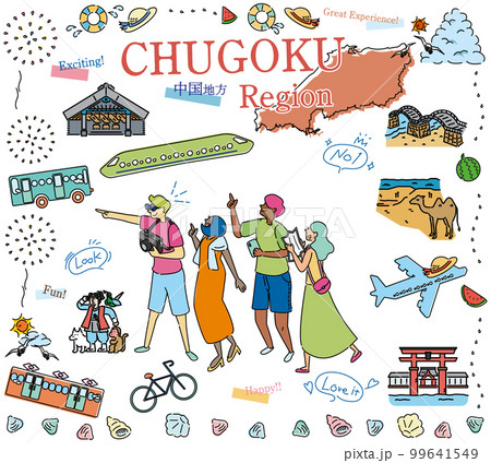 日本の中国地方の夏の名物観光を楽しむ観光客、アイコンのセット（線画） 99641549