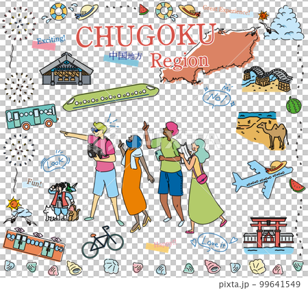 日本の中国地方の夏の名物観光を楽しむ観光客、アイコンのセット（線画） 99641549