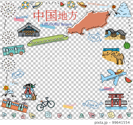 A set of icons of summer specialties sightseeing in the Chugoku region of Japan (line drawing) 99641554