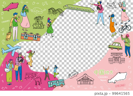 A set of icons (line drawings) for tourists who enjoy spring special sightseeing in the Chugoku region of Japan 99641565