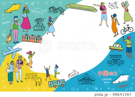 日本の中国地方の夏の名物観光を楽しむ観光客、アイコンのセット（線画） 99641567