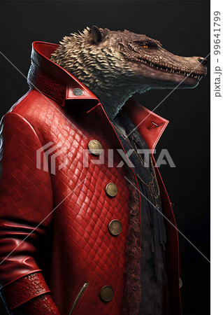 Crocodile dressed in red crocodile leather jacket created with generative AI technology. High quality illustration Crocodile dressed in red crocodile leather jacket created with generative AI technology. High quality illustration 99641799