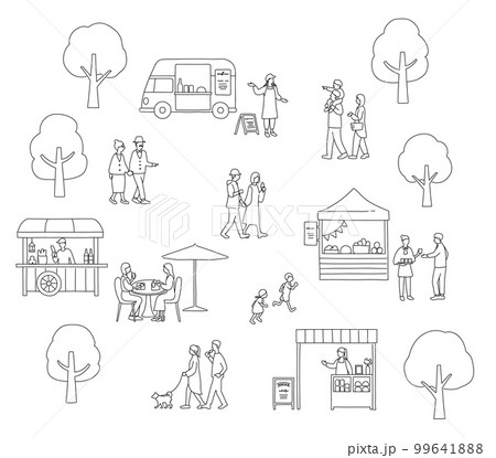 木々とマルシェで賑わう人々の背景素材 99641888