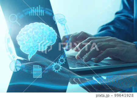 人工知能のテクノロジー。AIを使って働く男性。AIのイラストとノートパソコンを使う手のアップ。 99641928