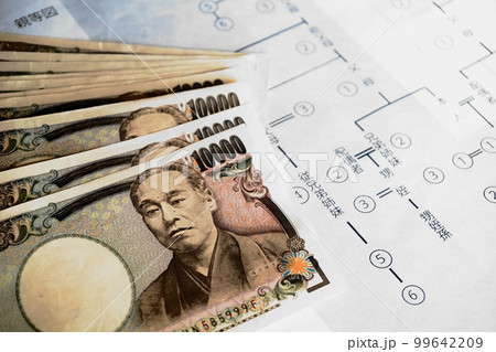 等親図の上に置かれた一万円札、相続イメージ 等親図の上に置かれた一万円札、相続イメージ 99642209