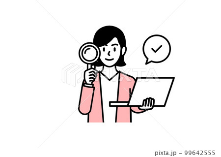 Cartoon Stock Illustration of a business woman holding a magnifying glass and a laptop. Illustration materials for business, education, lectures, and campaigns Cartoon Stock Illustration of a business woman holding a magnifying glass and a laptop. Illustration materials for business, education, lectures, and campaigns 99642555