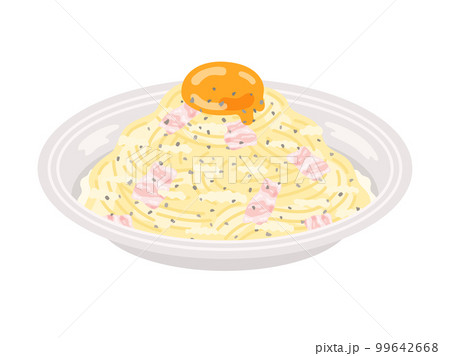 皿に盛り付けられた、カルボナーラパスタのイラスト 99642668