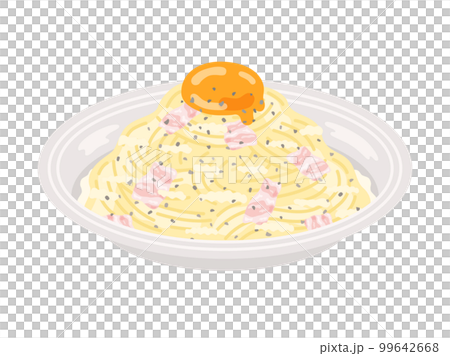 皿に盛り付けられた、カルボナーラパスタのイラスト 99642668