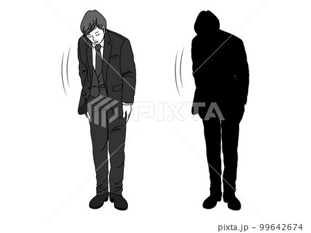 お辞儀するビジネスマン男性のイラストとシルエット 全身正面のセット 99642674