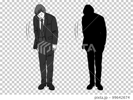 お辞儀するビジネスマン男性のイラストとシルエット 全身正面のセット 99642674