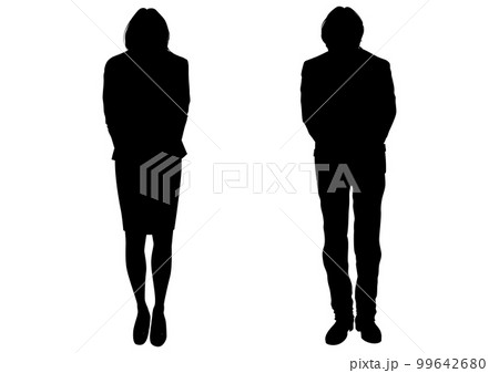 お辞儀するビジネスマン男性と女性会社員のシルエットセット　全身正面のイラスト 99642680