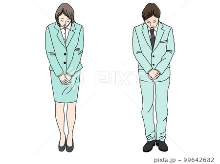 丁寧にお辞儀するスーツ姿のビジネスマン男性と女性  全身正面カラーのイラストセット 99642682