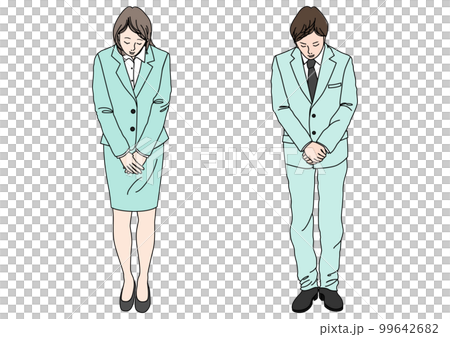 丁寧にお辞儀するスーツ姿のビジネスマン男性と女性  全身正面カラーのイラストセット 99642682
