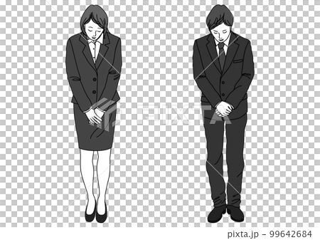 Businessmen and women in suits bowing politely Full body front flat illustration Monochrome 99642684